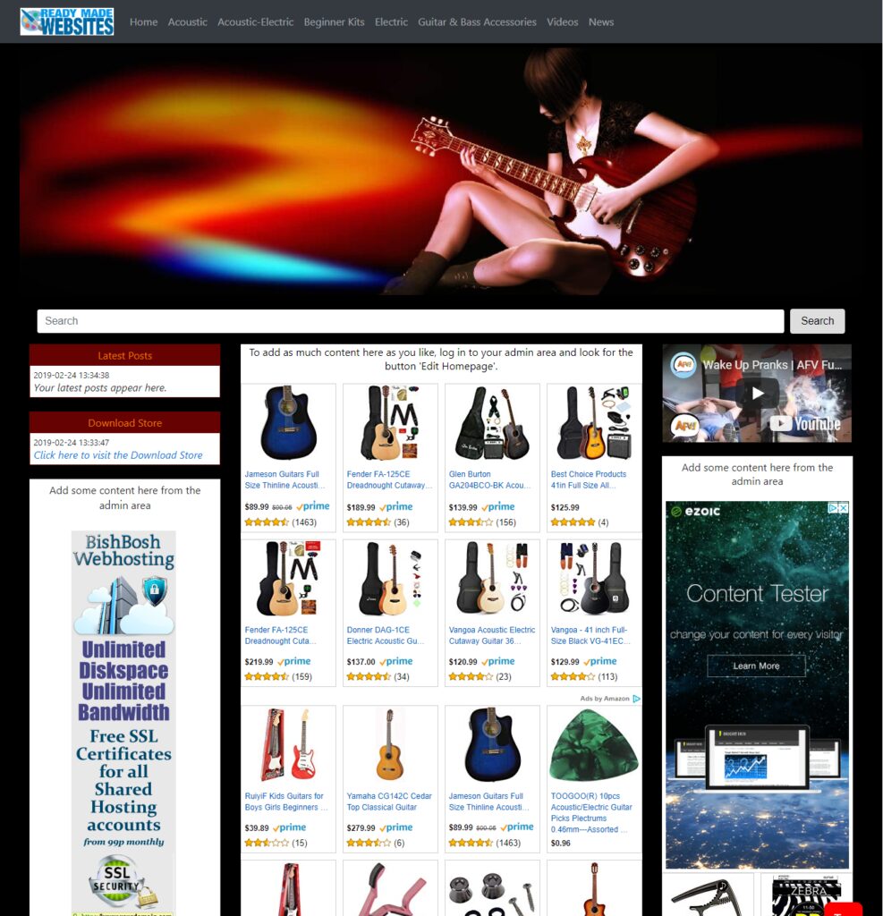 Amazon Affiliate Ready Made Website Guitars & Accessories Store Work from Home