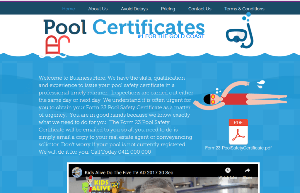 Website Ready - Website For Sale. Pool Safety Certificate Website.