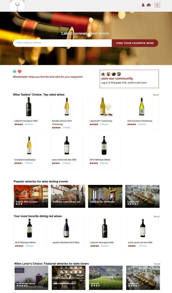 Wines and Wineries Review Board as Web Application with mobile responsive design