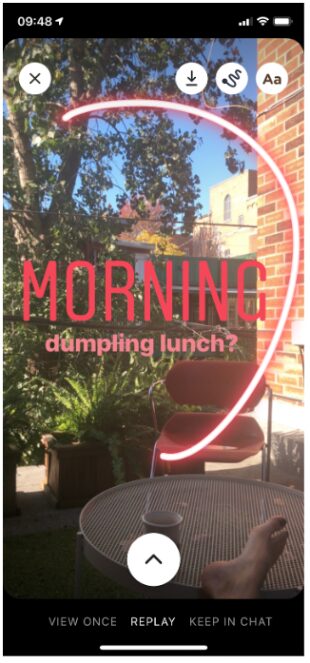 Instagram Threads photo of patio with text: "MORNING. Dumpling lunch?"