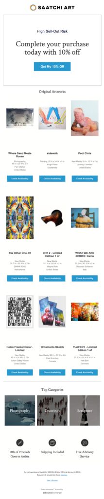 saatchi art email with headline "complete your purchase today with 10% off" abandoned cart email