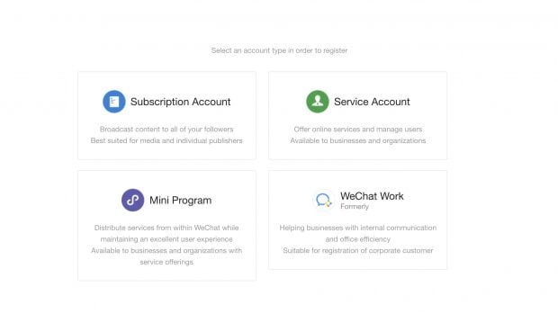 WeChat screen showing options between Subscription Account, Service Account, Mini Program, and WeChat Work