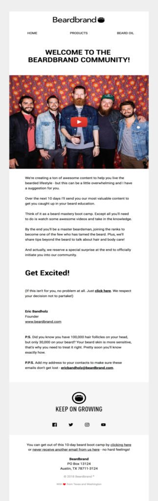 Beardbrand email showing an example of a welcome message and email drip campaign beginning