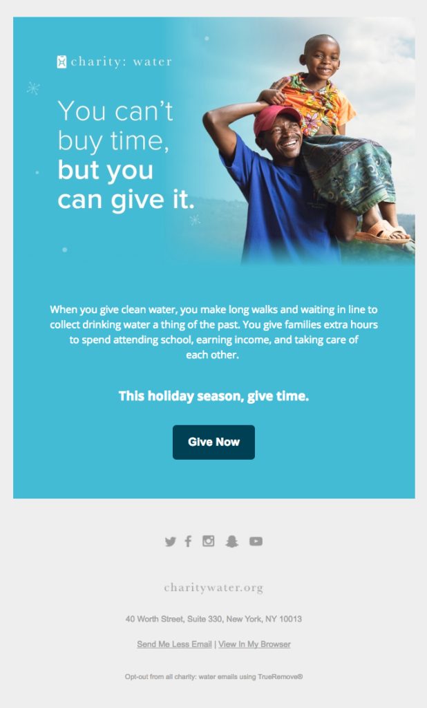 Blue advertisement showing young man and child promoting charity water event