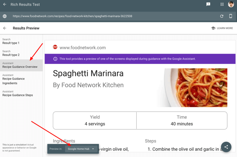 Preview your recipe results on Google Home Hub devices