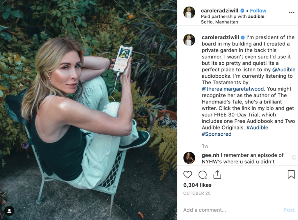 Influencer marketing campaign examples: Instagram photo shared by caroleradziwill highlighting her experience with Audible.