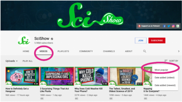 SciShow YouTube page highlighting "Videos" tab and the option to sort by "Most Popular"