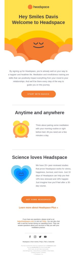 Headspace email showing an example of a welcome message