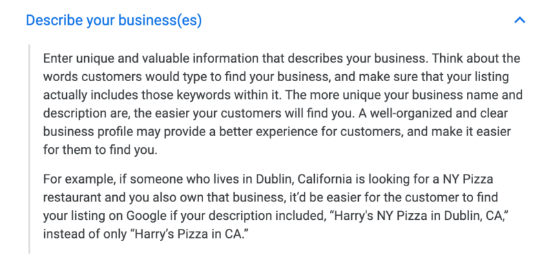 Google: Use (relevant) keywords in your Google My Business description