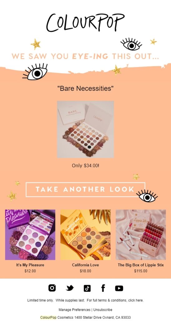 ColourPop Cosmetics Retargeting Email Example