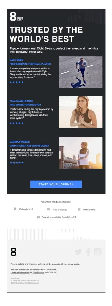 Eight Sleep email featuring influencer reviews and ratings