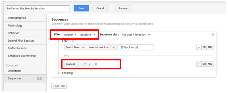 Sessions performed site search Google Analytics custom segment