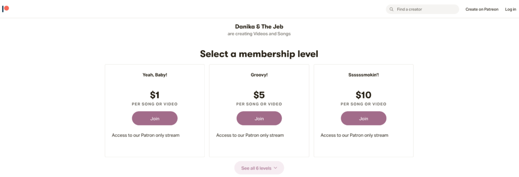 Patreon membership level web page.