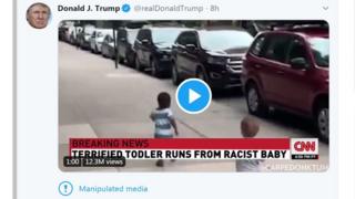 A tweet from president Trump shows a black child running away from a white child on a city street, with the news caption