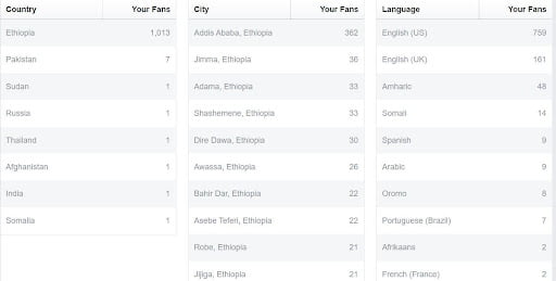 data on the Facebook Insights page is geographic data